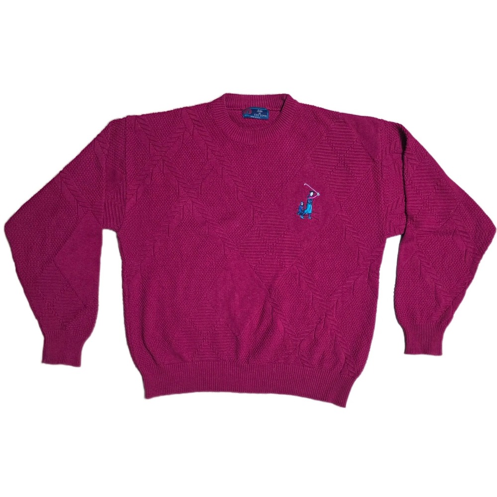 Vintage Isle of Cotton Men's Golfing Embroidered Maroon Knit Sweater Size Large‎